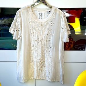 JOHNNY WAS Embroidered BOHO Top Velour Silk Cut OutS Cream Ivory Ribbed